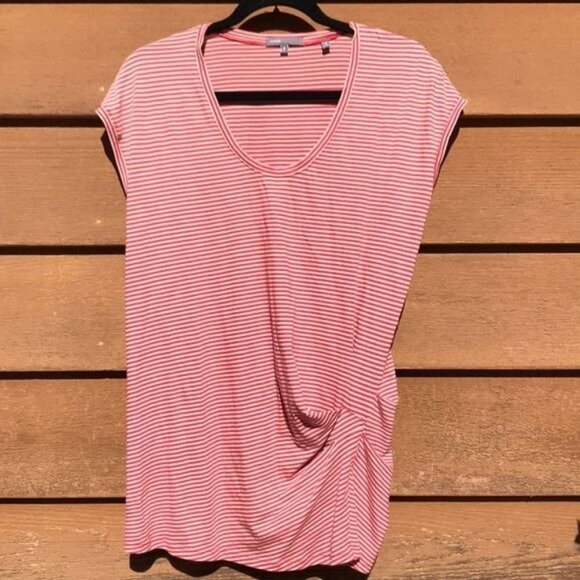 Vince Tops - Vince Red & Tan Striped Top Front Pulled Detail Casual Shot Sleeve Shirt Size S